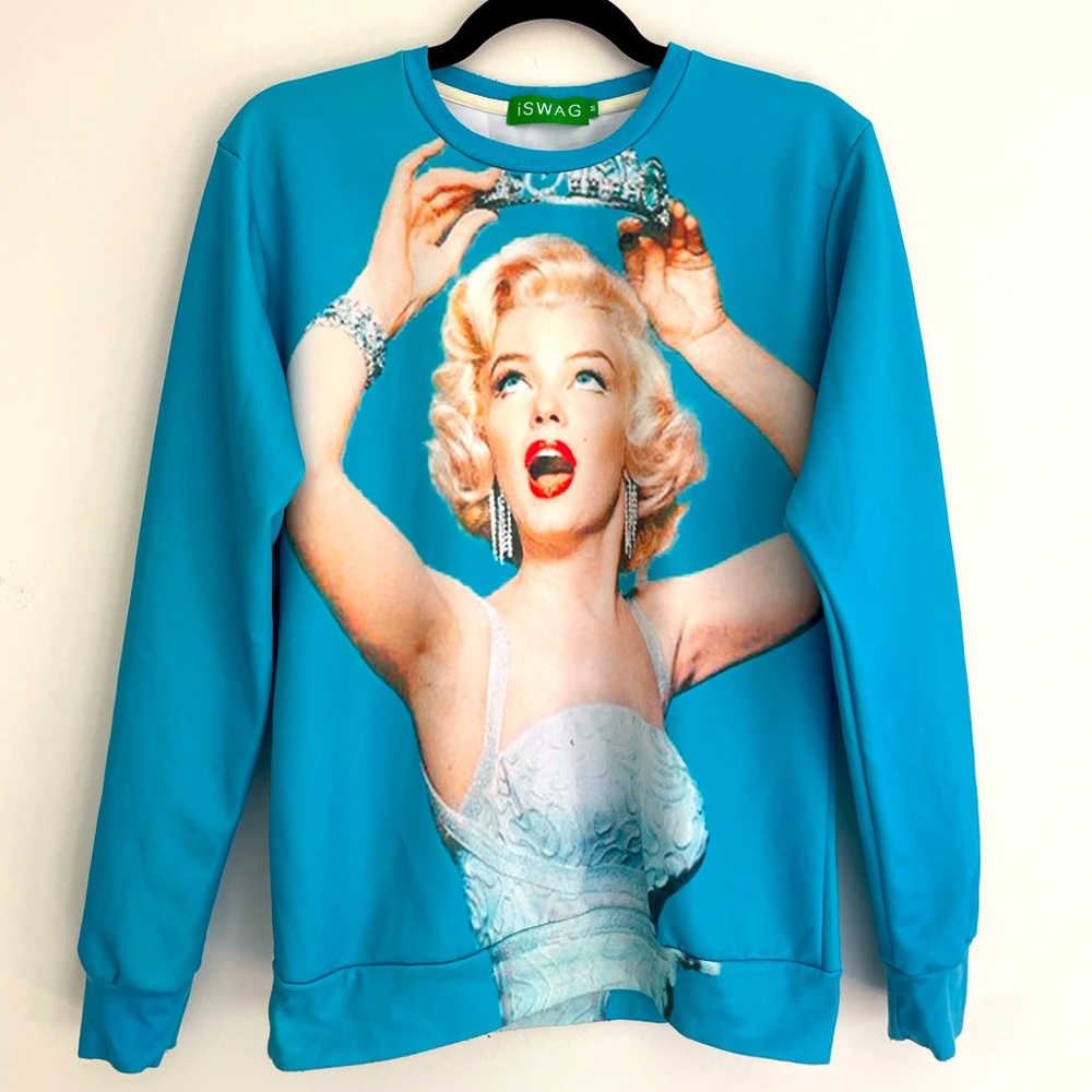 Vintage iSWAG Marilyn Monroe Turquoise Blue Glam Graphic Crew Neck Top Size M